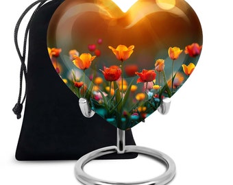 Heart Decorative Urn for Ashes - Modern Burial Urn in Vibrant Flower , Available in 3" Keepsake & 10" Large Size, Perfect for Human Ashes