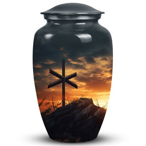 Spiritual Sunset Urn with Cross Mourning Keepsake Rustic Cross Memorial Urn for Human Ashes Urn For Believers Godly Urn For Ashes Faithful