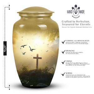 Golden Sunset Memorial Urn Decorative Urns For Human Ashes Serene Sky and Flying Birds Design Cross Symbol Urn 1-200 Cubic Inches Urn Ashes