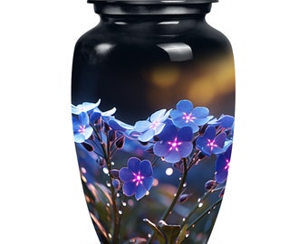 Urna de puesta de sol de flor azul Forget-Me-Not - Urna decorativa para cenizas humanas - Urnas de metal para cenizas para adultos - Urnas funerarias - Urna conmemorativa floral