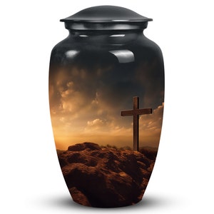 Prayerful Memorial Urn for Human Ashes Spiritual Urn Large Heavenly Cross Silhouette Large Urn | Christian Keepsake Urn Church Funeral Urn