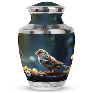 Sparrow with White Flowers Urn - Decorative Modern Urn for Human Ashes - Cremation Urns For Ashes For Adults - Funeral Urns - Memorials Urns