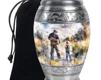 Father and Child Fishing Scene Cremation Urn, Custom Memorial Urn for Ashes, Keepsake Fishing Enthusiast Urn Memorial Urn, Decorative Urn