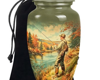 Fisherman Memorial Urn for Ashes, Outdoor Scenic Tribute Ashes Keepsake Urn for Adult Cremation Urn with Fishing, 10" Large Decorative Urns