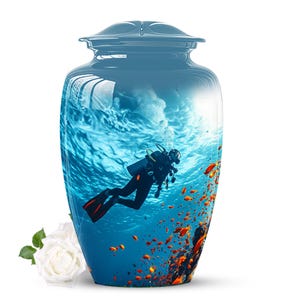 Personalized Scuba Diver Cremation Urn - Underwater Scene Memorial Urn - Keepsake Large Decorative Urns for Human Ashes, Ocean Scuba diver