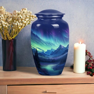 Northern lights Mountain Lake Urns For Cremation Ashes - Modern Urns For Human Ashes Keepsake - Decorative Urns For Ashes - Aurora Night Sky