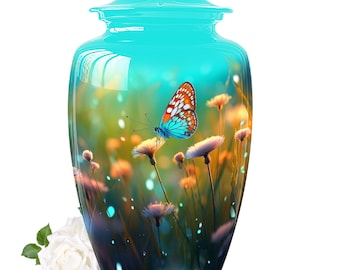 Nature-Inspired Butterfly Beauty Cremation Urn, Teal Personalization Urn for Ashes, Cremation Urns, Ashes Urn, Decorative Urn, Modern Urn