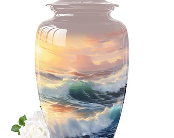 Handmade Ocean Sunset Urn for Ashes -Sea Waves Urns for Human Ashes keepsake, Large Memorial Urns,  Decorative Urns for Ashes, Custom Urns