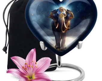 Majestic Elephant Heart Urn for Ashes, Decorative Aluminum Urn, Available in 3" Keepsake & 10" Large Size, Modern Burial Urn for Human Ashes