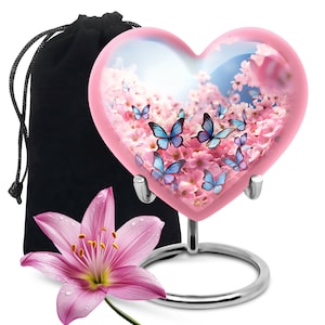 Butterfly Heart Urn for Ashes - Decorative Urn in Pink, Available in 3&quot; Keepsake & 10&quot; Large Size, Modern Burial Urn for Human Ashes Floral