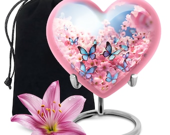Butterfly Heart Urn for Ashes - Decorative Urn in Pink, Available in 3" Keepsake & 10" Large Size, Modern Burial Urn for Human Ashes Floral