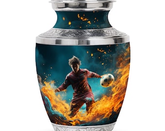Jugador de fútbol con arte de fuego y humo Urnas para cenizas humanas - Urnas de metal - Urnas para cenizas para adultos - Urnas personalizadas para mamá - Urnas funerarias