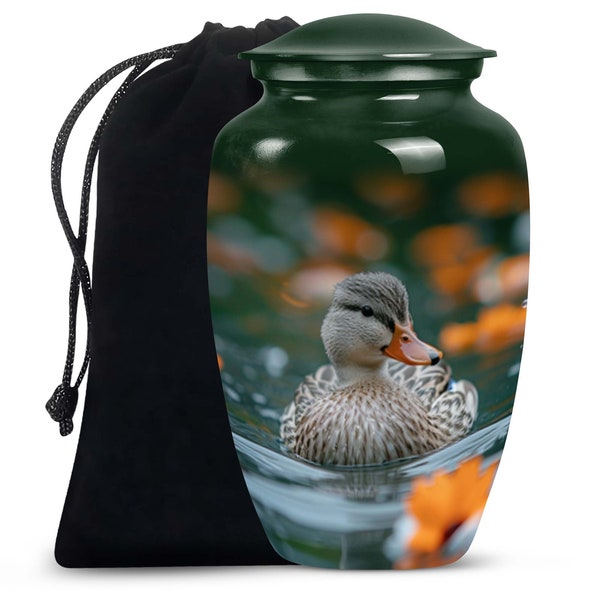 Peaceful Lakeside Duck Urn - Deep Green with Orange Accents Urn for Ashes, Cremation Urn, Ashes Urn, Decorative Urn, Modern Urn, Funeral Urn