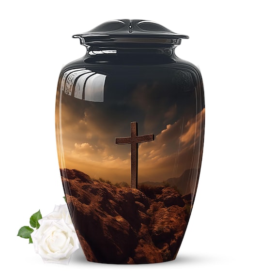 Prayerful Memorial Urn for Human Ashes Spiritual Urn Large Heavenly Cross Silhouette Large Urn | Christian Keepsake Urn Church Funeral Urn