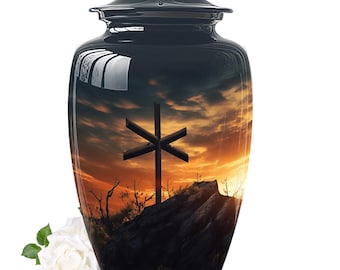 Spiritual Sunset Urn with Cross Mourning Keepsake Rustic Cross Memorial Urn for Human Ashes Urn For Believers Godly Urn For Ashes Faithful