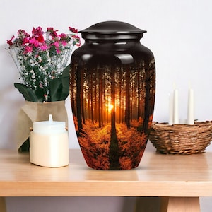 May include: A dark brown urn with a glossy finish, featuring a scenic forest sunset design. The urn has a lid and a classic vase shape. The forest scene shows tall trees and a bright orange sunset.