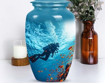 Personalized Scuba Diver Cremation Urn - Underwater Scene Memorial Urn - Keepsake Large Decorative Urns for Human Ashes, Ocean Scuba diver