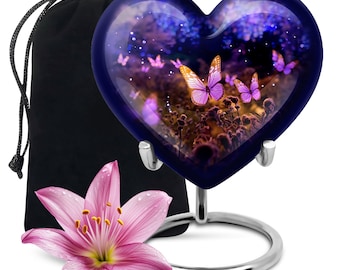 Butterfly Urns Heart keepsakes Urns For Cremation Ashes, Modern Urns For Human Ashes Keepsake, Decorative Urns For Ashes, Purple Butterflies