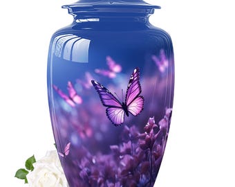 Purple Butterfly And Lavender Urn With A Tranquil Design Butterfly Memorial Urn For Human Ashes Butterfly And Flowers  Floral Nature Urn
