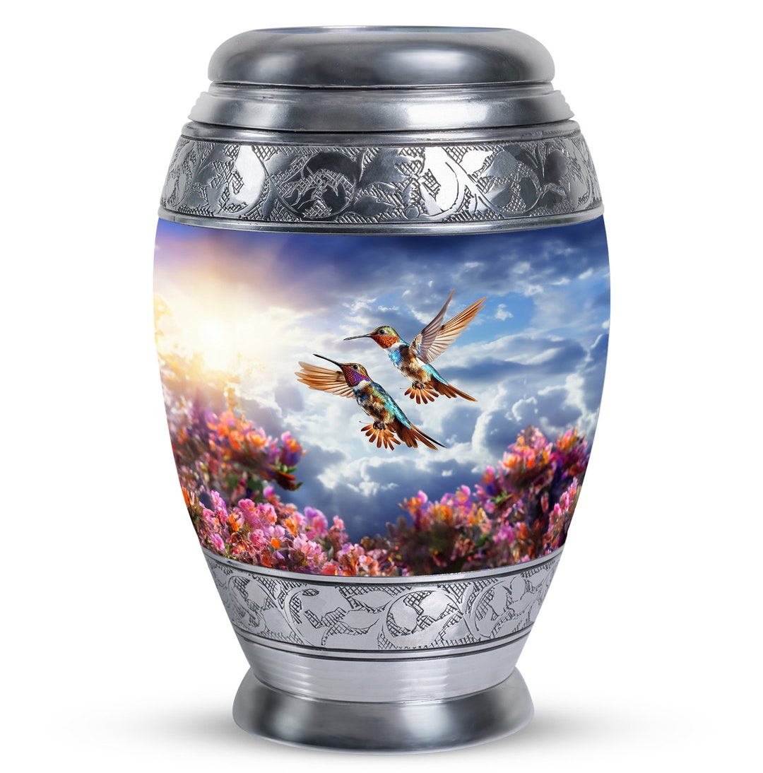 Peaceful Hummingbird Adult Cremation Urn - 200 Cubic Inch Capacity, White With Pink Flowers, Metal, 6.5" X 10.5"