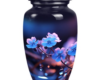 Nomeolvides Flores Azules con Gotas de Agua Urna para Cenizas Humanas - Urnas de Metal - Urnas para Cenizas para Adultos - Urnas Personalizadas, Urnas Funerarias Florales