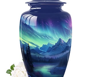 Northern lights Mountain Lake Urns For Cremation Ashes - Modern Urns For Human Ashes Keepsake - Decorative Urns For Ashes - Aurora Night Sky