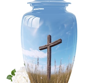 Heavenly Blue Sky Memorial Urn - Personalized Stylish Cross Theme Urn For Human Ashes 1-200 Cubic Inch Adult Ash Sun Cloudy Detail Urns