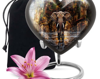 Forest Elephant Heart Urn for Ashes -  Decorative Aluminum Urn, Available in 3" Keepsake & 10" Large Size, Modern Burial Urn for Human Ashes
