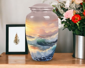 Handmade Ocean Sunset Urn for Ashes -Sea Waves Urns for Human Ashes keepsake, Large Memorial Urns,  Decorative Urns for Ashes, Custom Urns