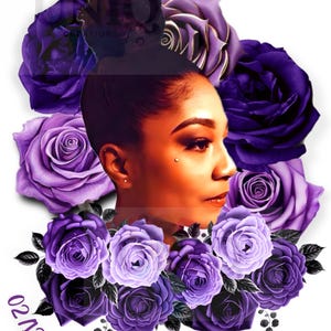 May include: A digital illustration of a woman's face surrounded by purple roses. The dates "02/12/88 - 07/06/24" are written at the bottom of the image.