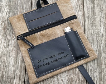 Tobacco holder Customizable Name Message in genuine leather and canvas cotton with zip, Tobacco pouch, papers, filters and lighter