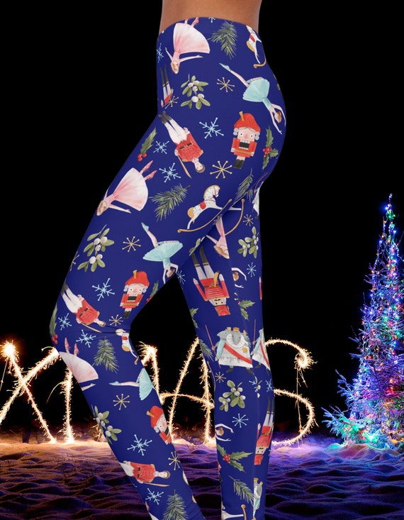 Womens Spandex Christmas Leggings, Rocking Horse, Nutcracker, Mistletoe,  Fairy, Vintage Christmas Motifs, Blue 