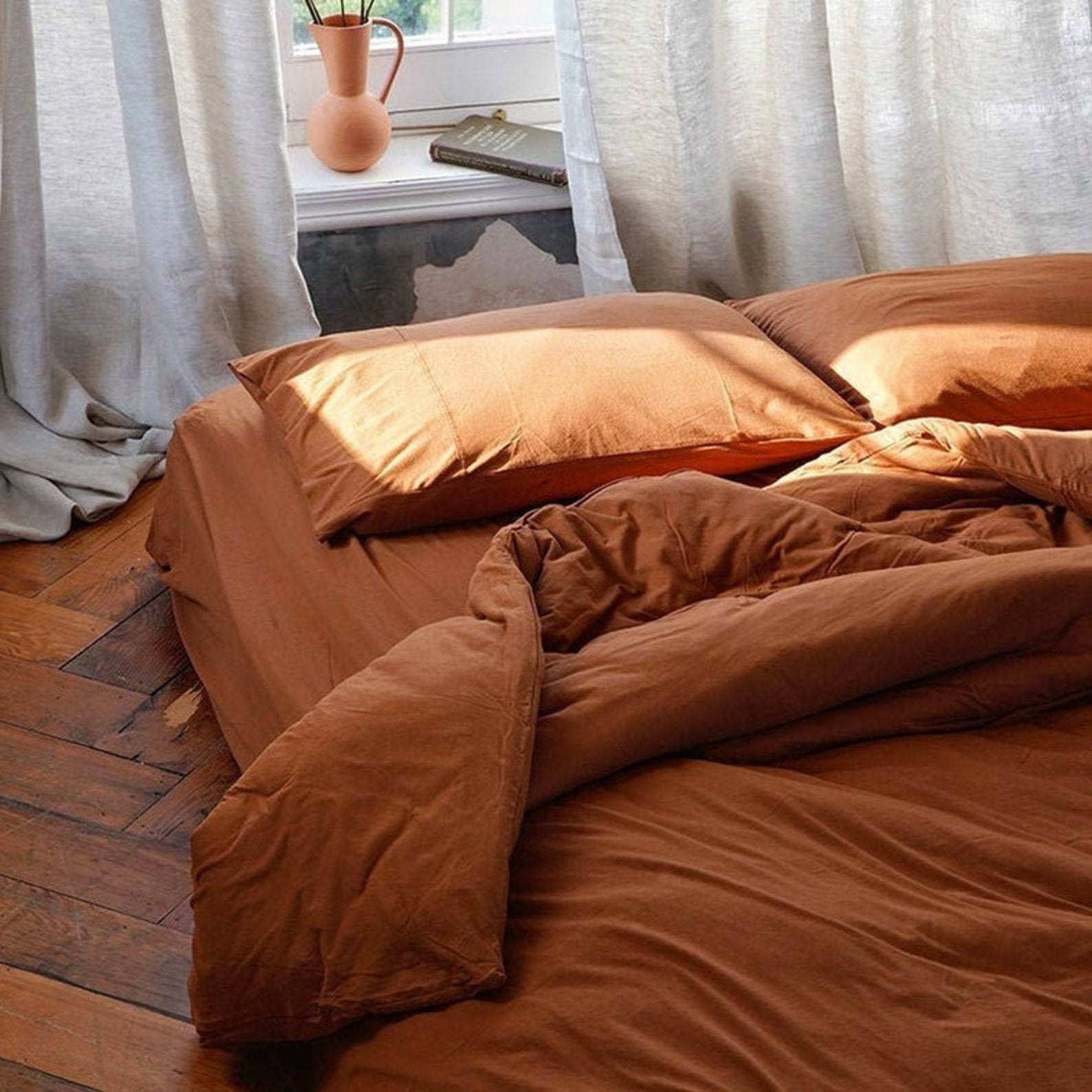 Pumpkin Burnt Orange Color Duvet Cover Washed Cotton Bedding Etsy