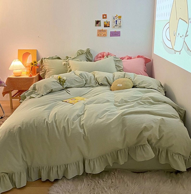 Ruffled Cotton Duvet Cover in Sage 