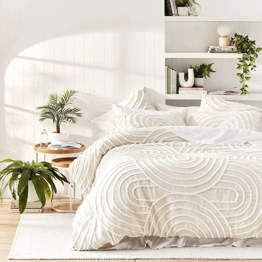 Boho Quilt Cover Ivory Tufted Duvet Cover Set, Boho Bedding Home Decor