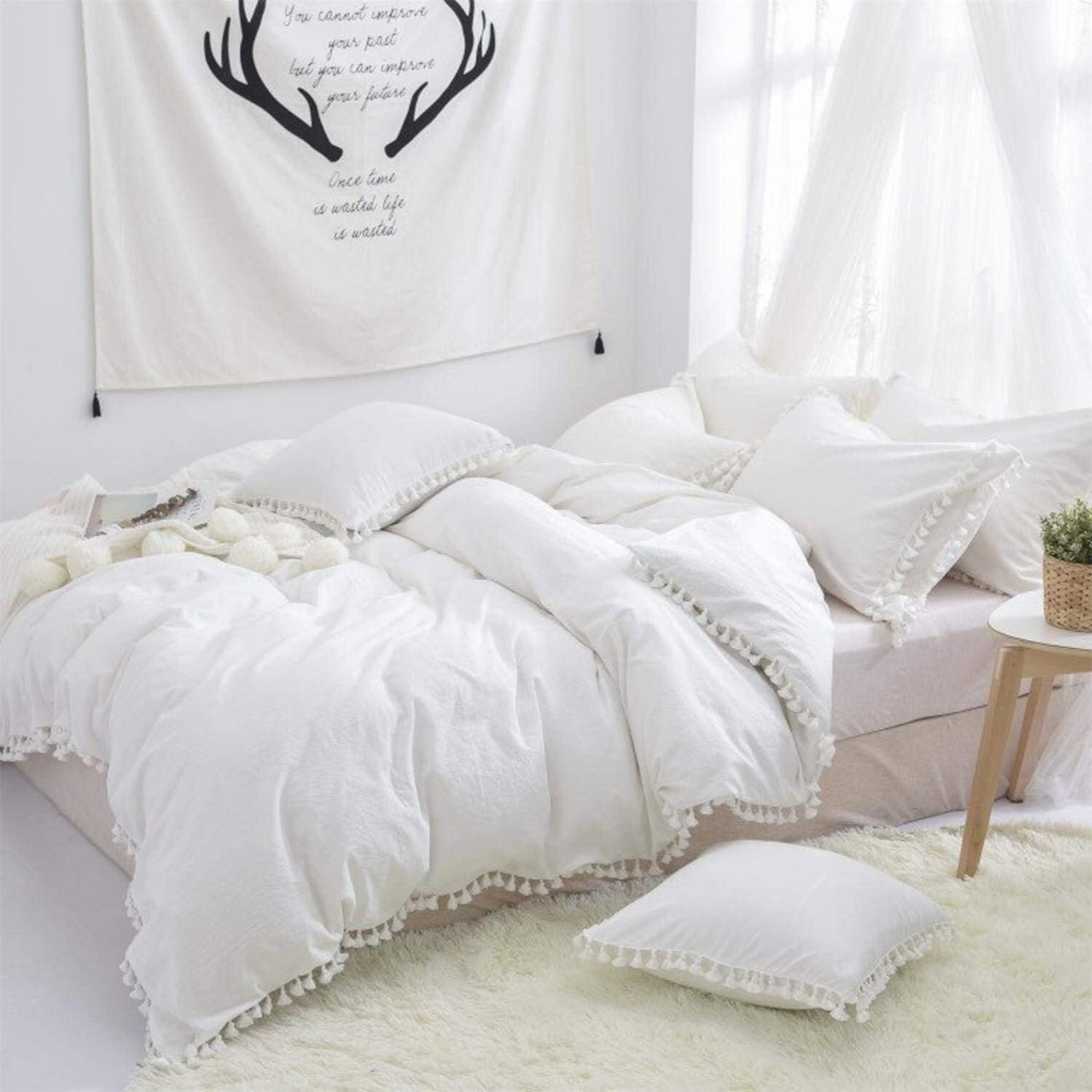 White Cotton Fringes Tassels Duvet Cover Boho Bedding Etsy