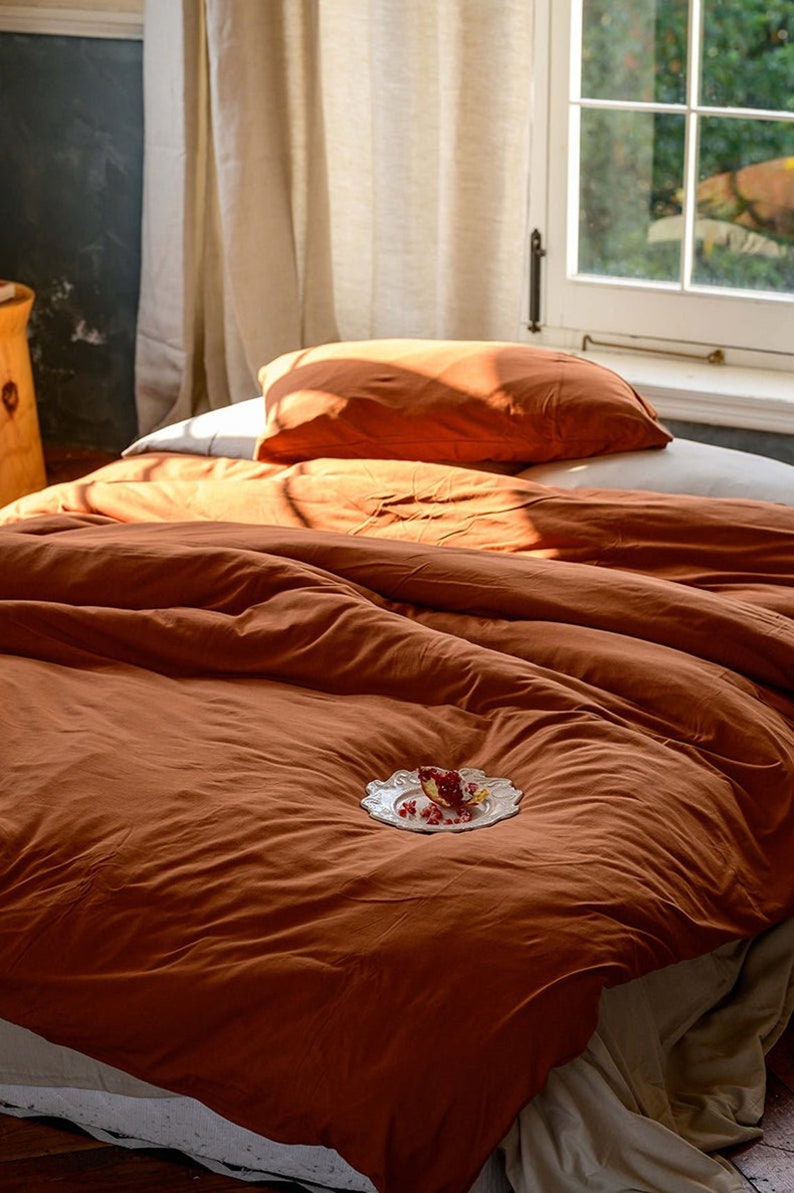 Pumpkin Burnt Orange Color Duvet Cover Washed Cotton Bedding Etsy