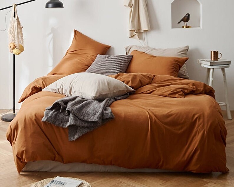 Pumpkin Burnt Orange Color Duvet Cover Washed Cotton Bedding Etsy