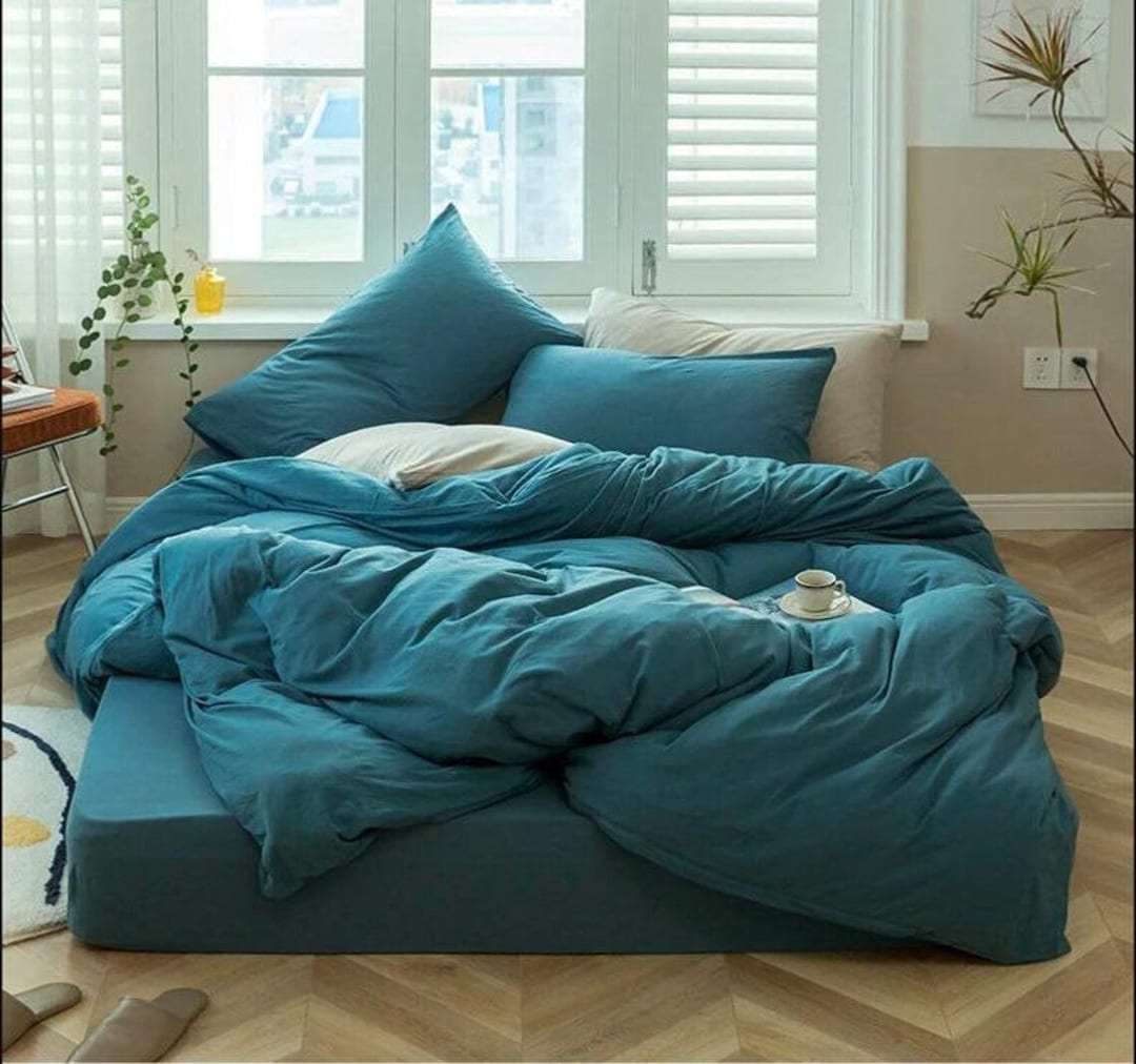 Teal 100 Pure Cotton Duvet Cover Set Washed Softened Cotton Duvet Cover Boho Duvet Cover