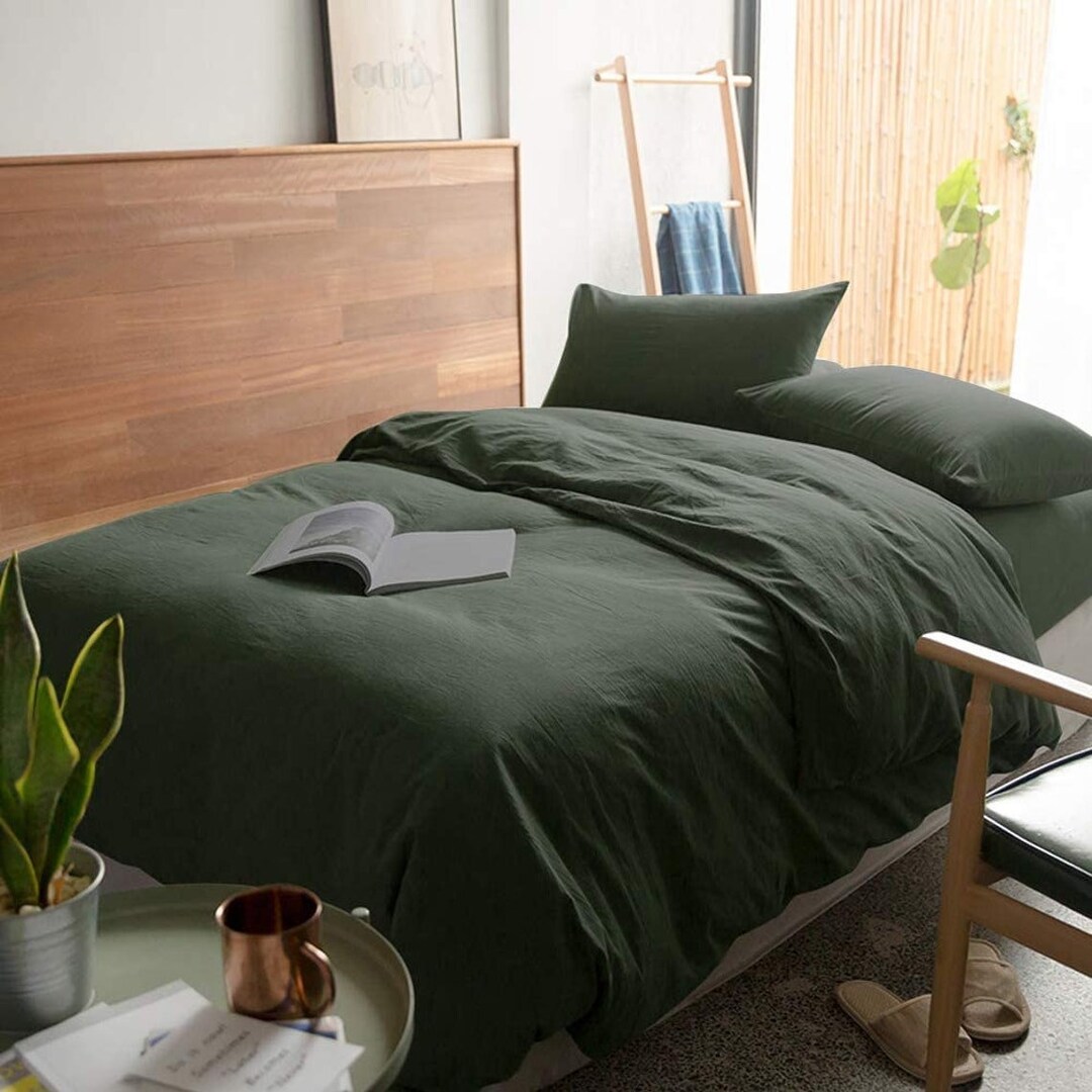 3 Pcs Set, Dark Green Color Cotton Duvet Cover, Stonewashed Cotton ...