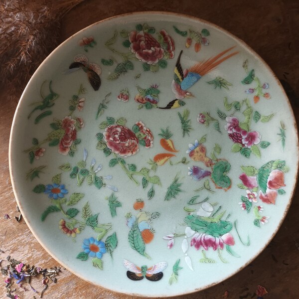 Antique - Chinese, Celadon Ground Famille Rose, Small Plate - Beautiful Bird, Butterflies,Flowers,Fruits and Foliage 19 Century