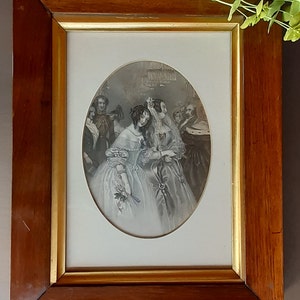 Antique English - Original Engraving, Hand Coloured - Beautiful Period Picture&quot; The Ball&quot; c1840&#39;s - Wooden Frame, Oval Mount.