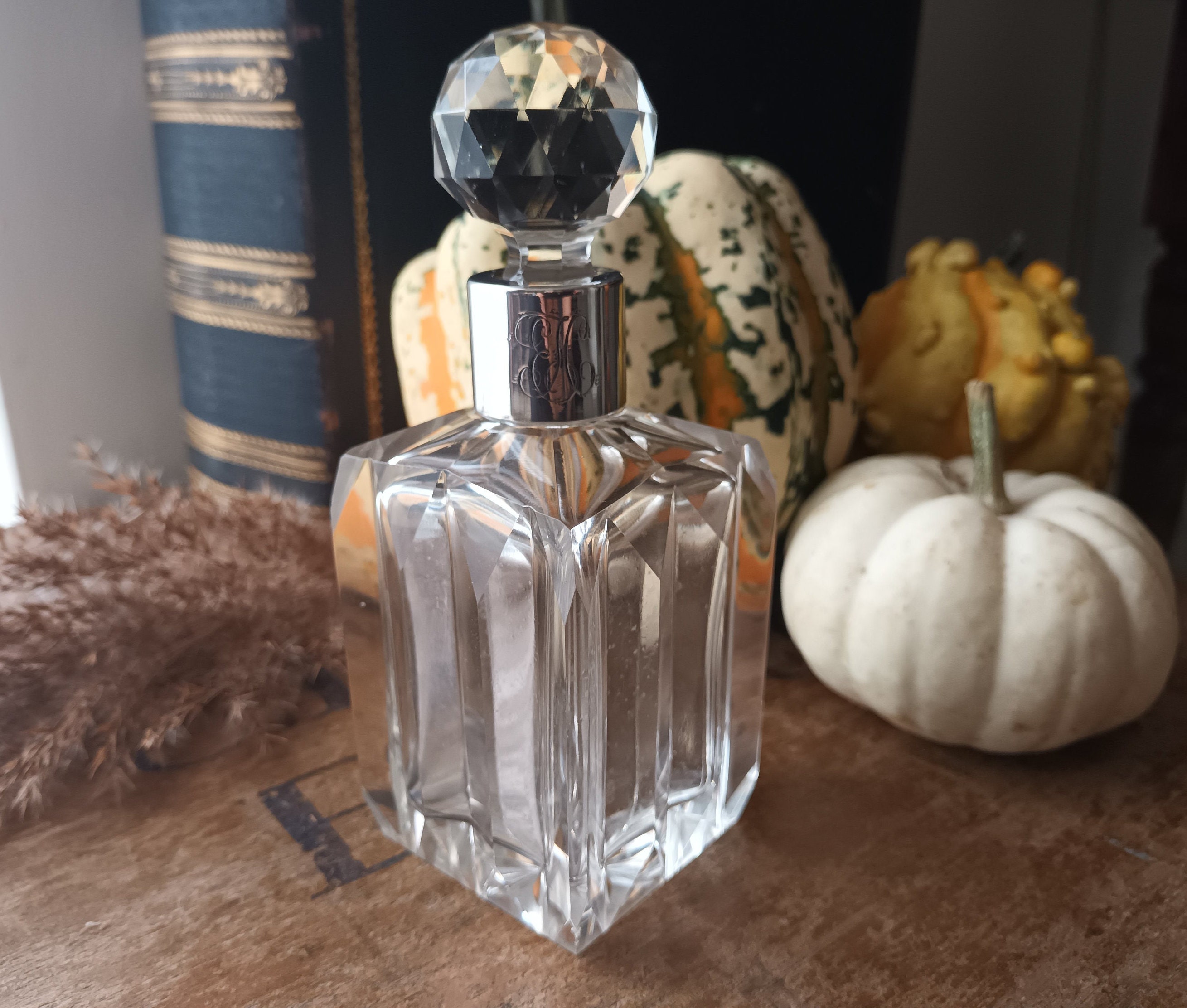 Antique - English Scent Bottle, Victorian Cut Glass with Silver Cuff, Engraved with H, - Marked Birmingham 1899.