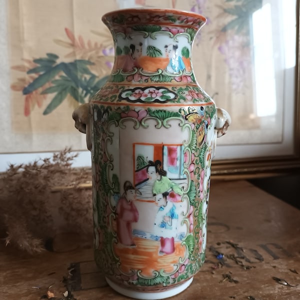 Antique - Chinese Canton, Famille Rose Porcelain Vase - Hand Painted with Figures, Flowers, Butterflies, Birds & Foliage - Fo dog handles