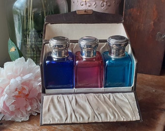 Antique - Travel Case, German (Geschutzt), with Trio of Coloured Glass Cologne/Scent Bottles, Silver Tops- Leather Case, Silk lining.