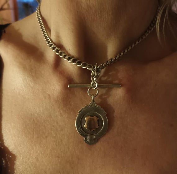 Antique Albert Watch Chain - Solid Silver Curb Li… - image 8