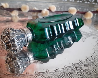 Antique Scent Bottle - Beautiful Emerald Glass with Silver Ornate Hinged Top