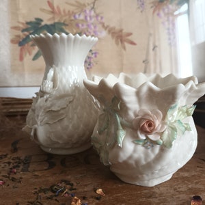 Vintage Belleek Irish Porcelain - Flower/Cactus Pots x2, Third Black Mark Period 1891-1926, Applied Coloured Flowers,