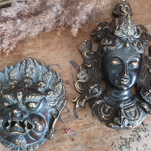 Vintage - Two Brass Buddhist Wall Masks - Comprising of Mahakala and a Tara Goddess Beautiful Examples