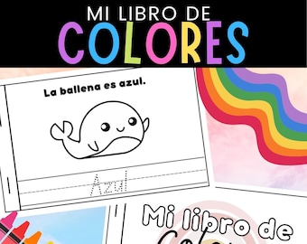 Op de afbeelding: Een printbaar boek in het Spaans voor kinderen om kleuren te leren. Het boek bevat een walvis, een regenboog en de tekst "Mi libro de Colores", wat "Mijn kleurboek" betekent.